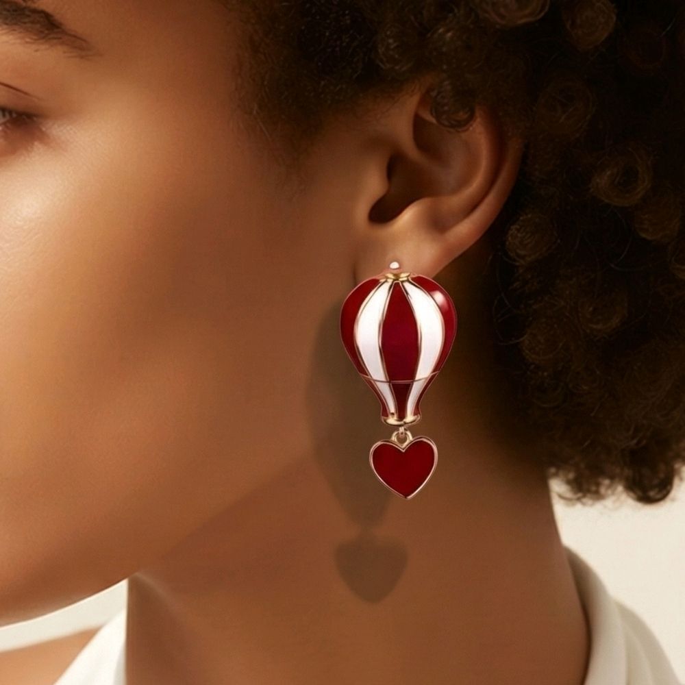 RedโGold Heart Hot Air Balloon Mismatched Earrings Travel Adventure Jewelry